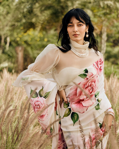 Off White Printed Chiffon Saree