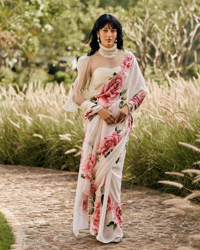 Off White Printed Chiffon Saree