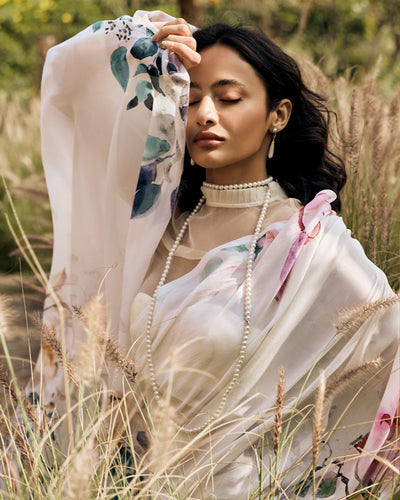 Off White Printed Chiffon Saree