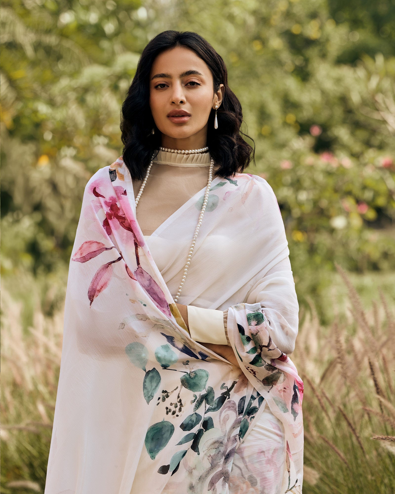 Off White Printed Chiffon Saree