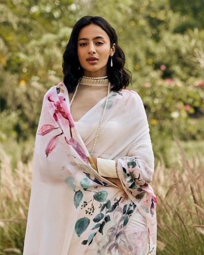 Off White Printed Chiffon Saree