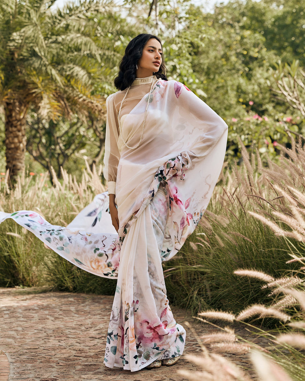 Off White Printed Chiffon Saree