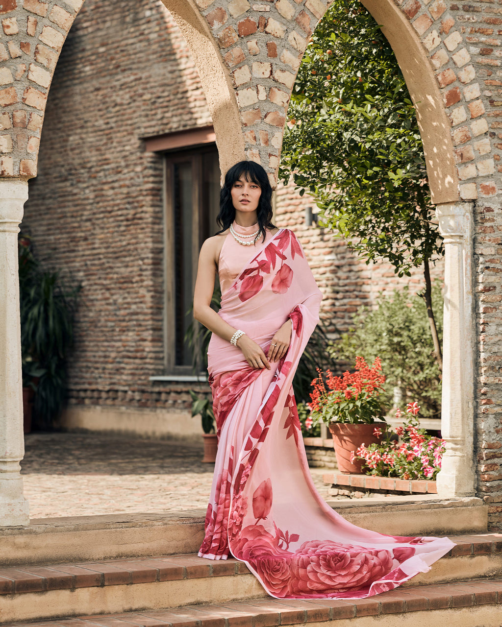 Pink Printed Chiffon Saree