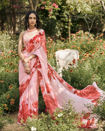 Pink Printed Chiffon Saree
