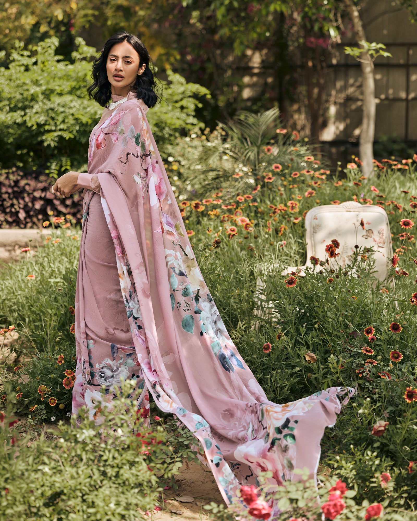Lavender Printed Chiffon Saree