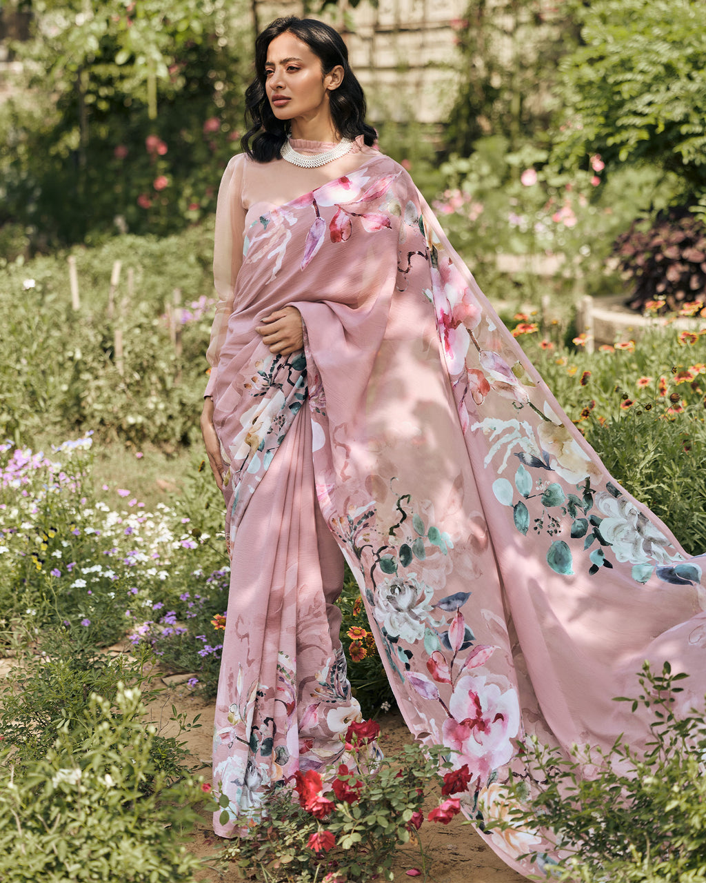 Lavender Printed Chiffon Saree