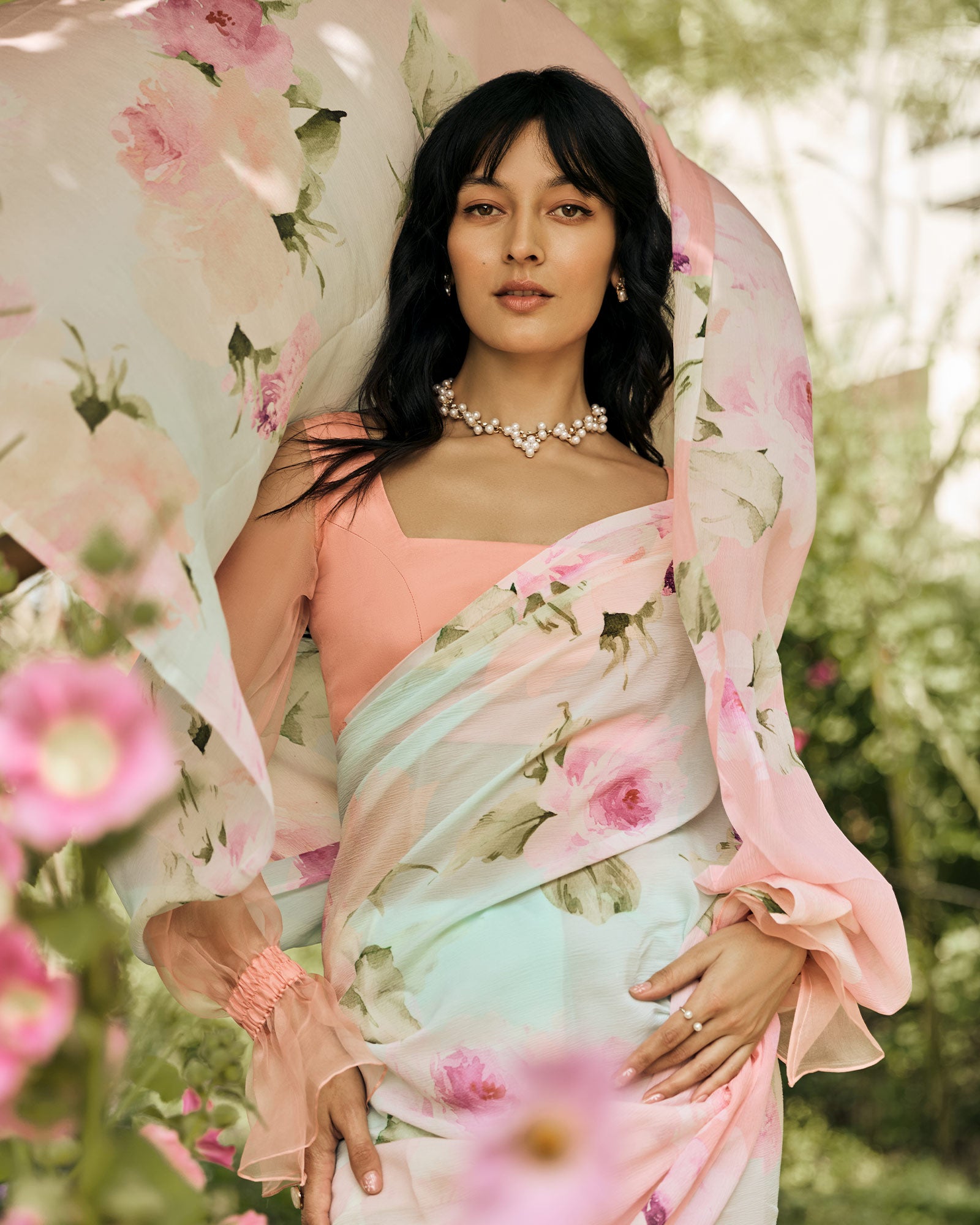 Green and Peach Printed Chiffon Saree