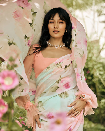 Green and Peach Printed Chiffon Saree