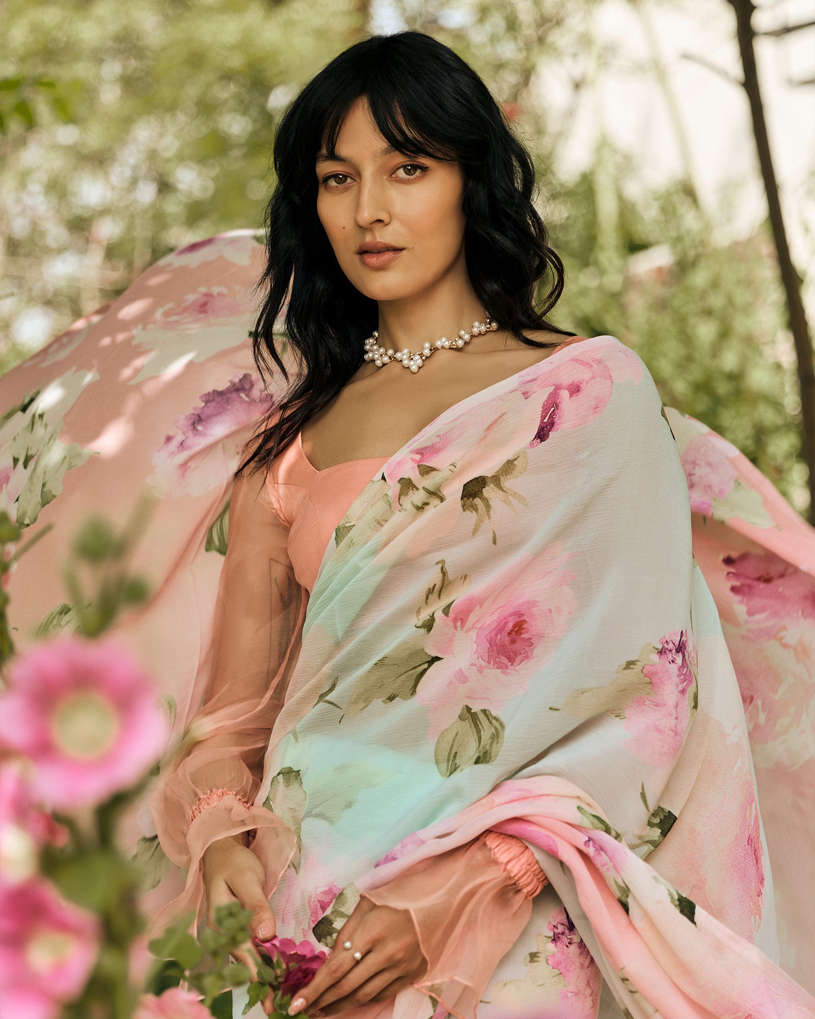 Green and Peach Printed Chiffon Saree