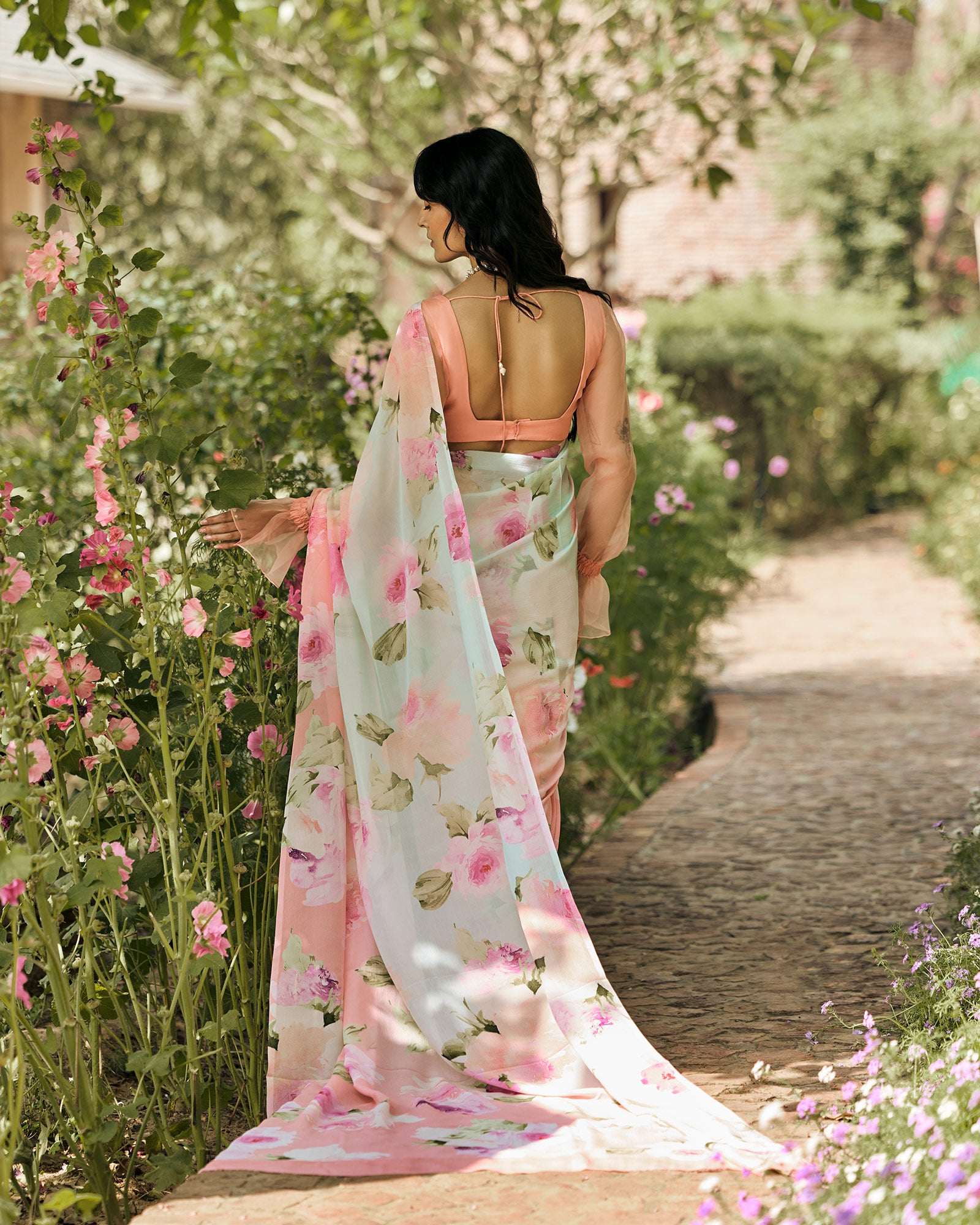 Green and Peach Printed Chiffon Saree