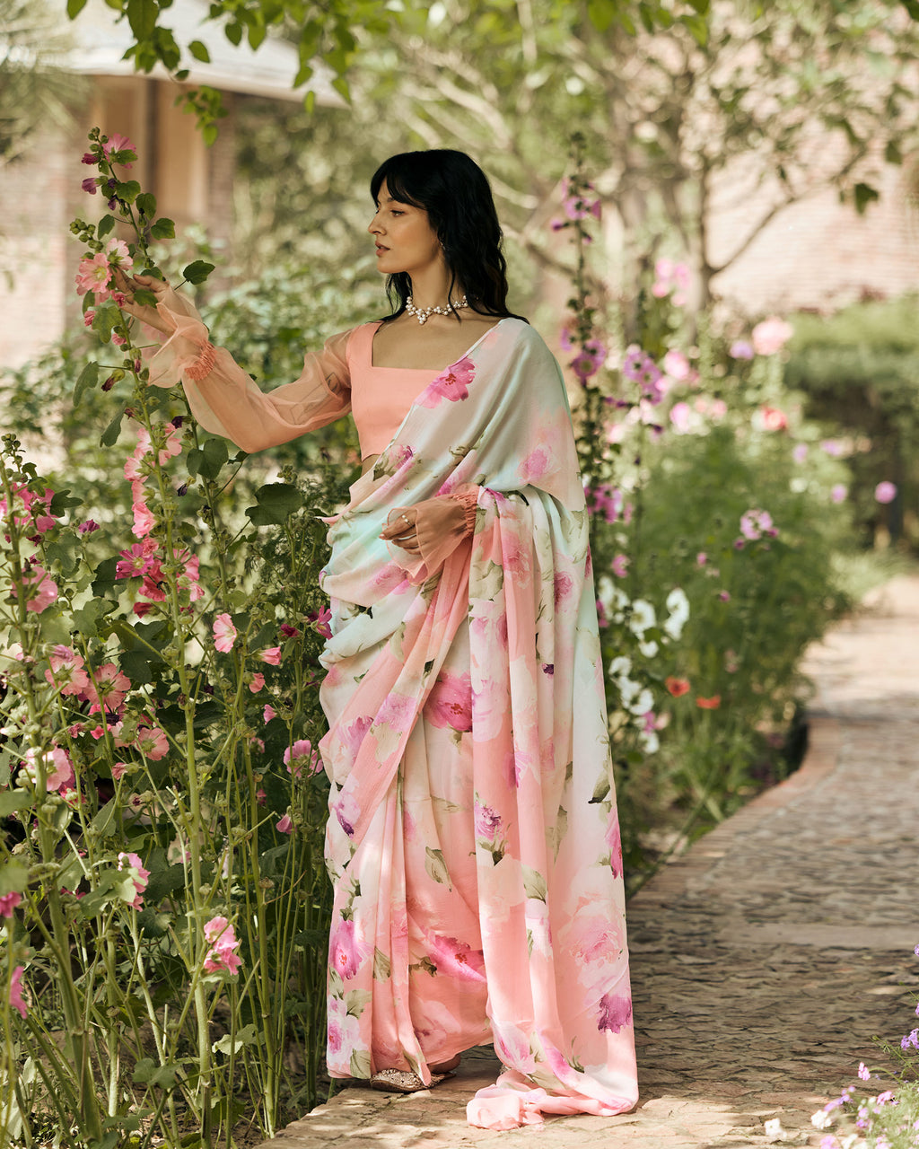 Green and Peach Printed Chiffon Saree