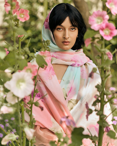 Green and Peach Printed Chiffon Saree