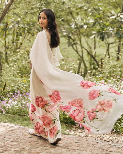 Off White Printed Chiffon Saree