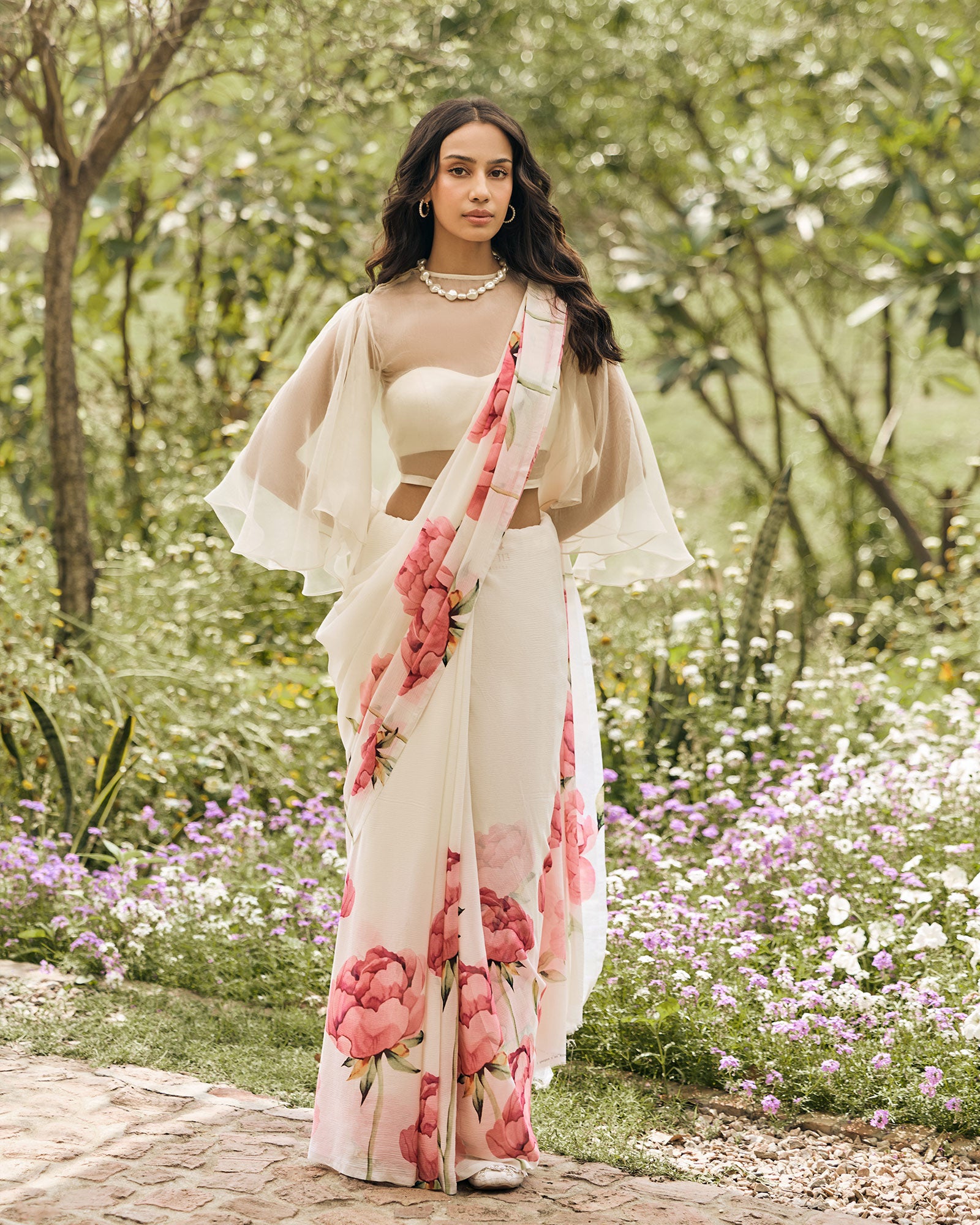 Off White Printed Chiffon Saree