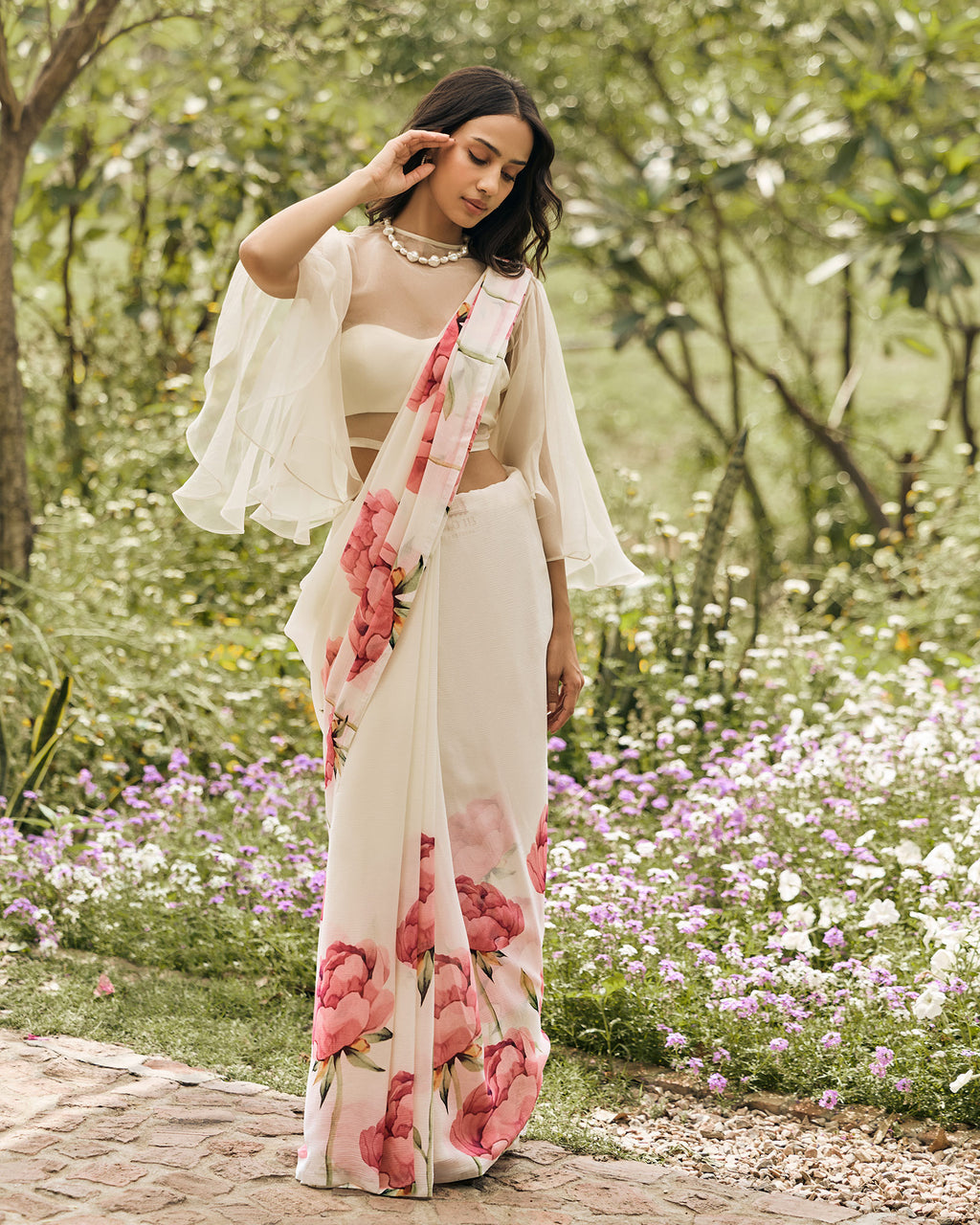 Off White Printed Chiffon Saree