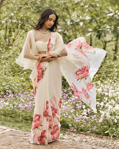 Off White Printed Chiffon Saree