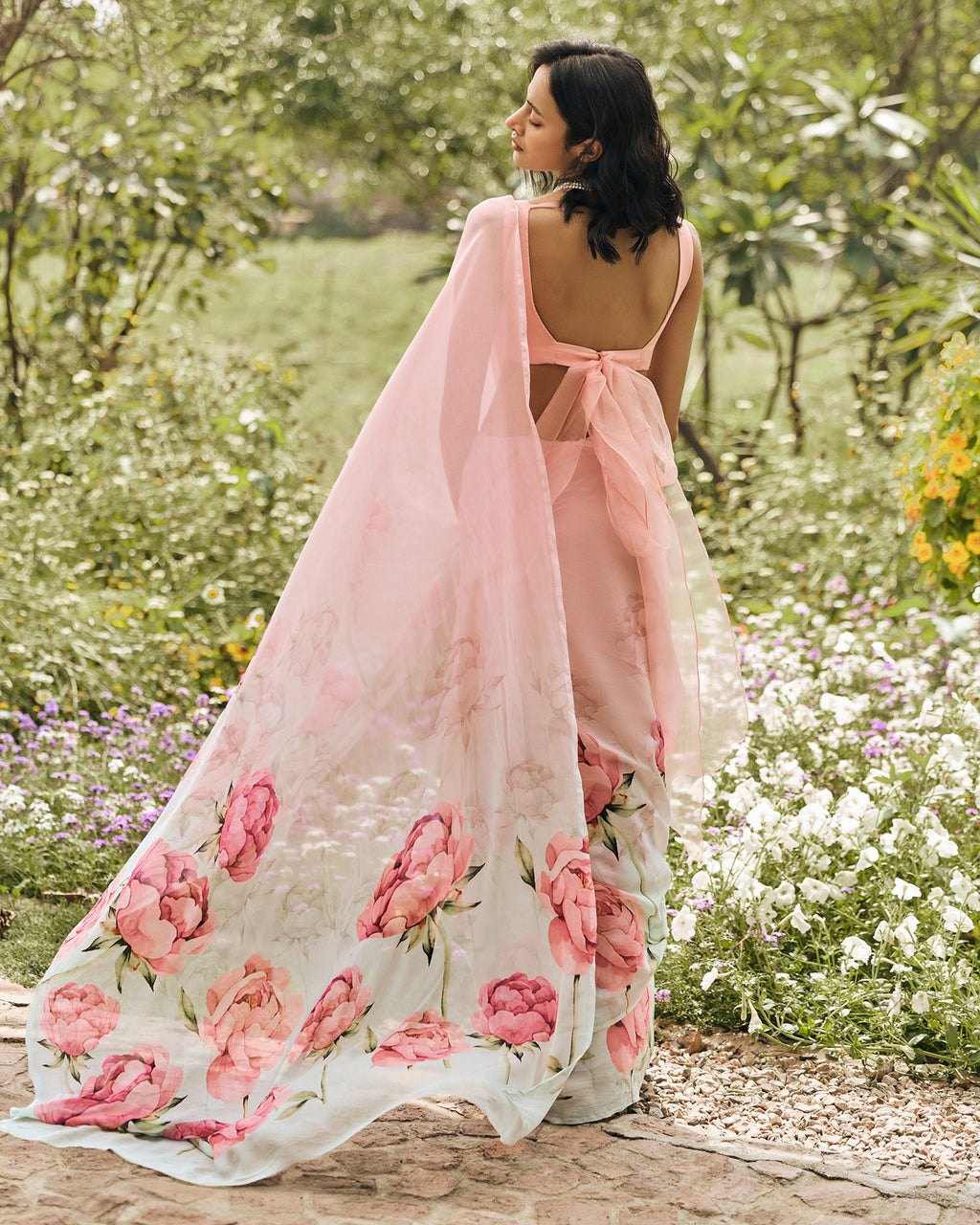 Pink and Green Printed Chiffon Saree