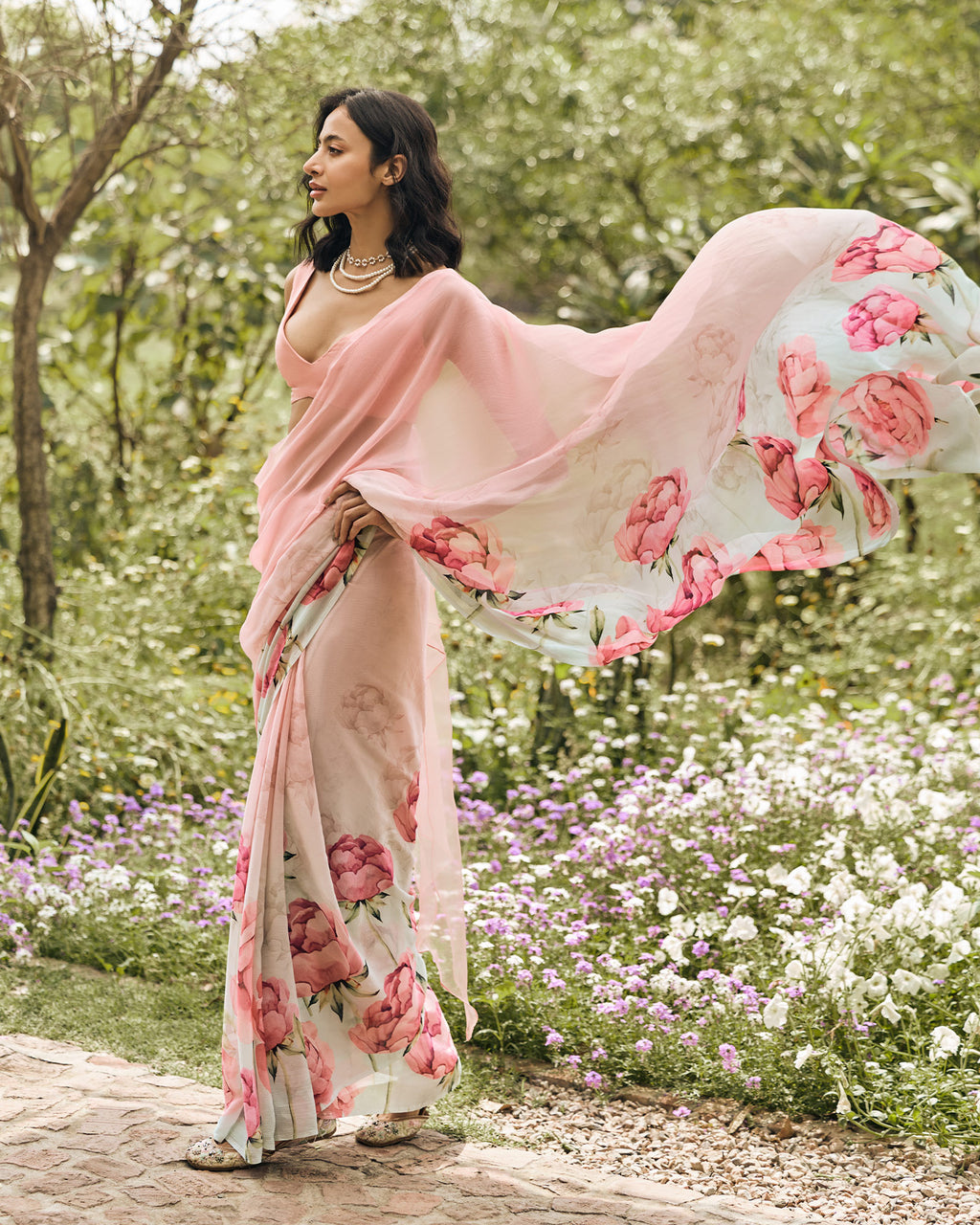 Pink and Green Printed Chiffon Saree