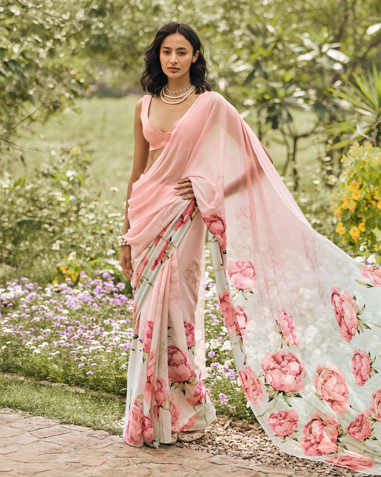 Pink and Green Printed Chiffon Saree