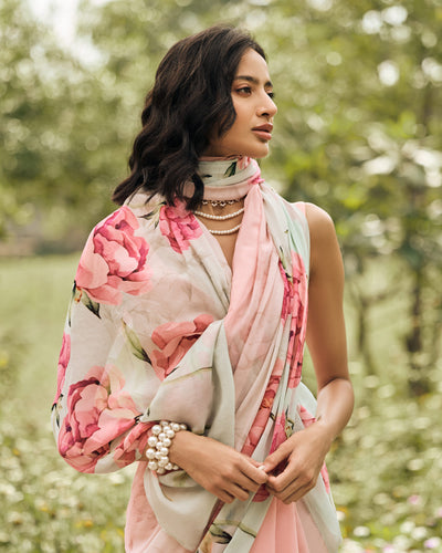 Pink and Green Printed Chiffon Saree