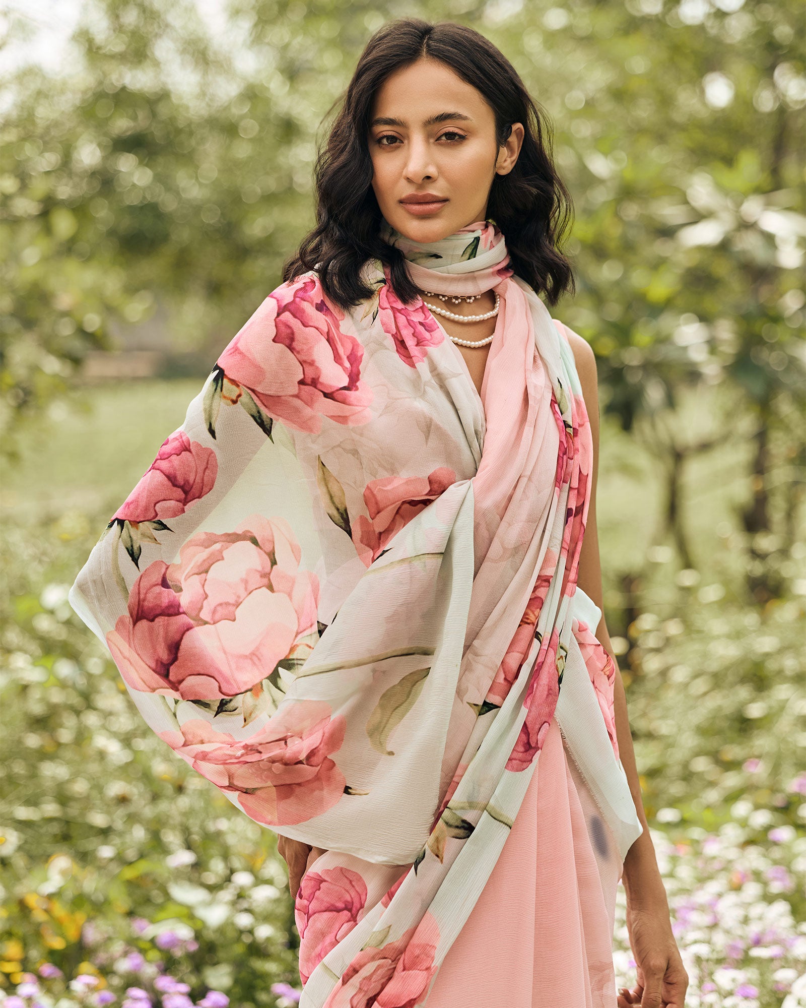 Pink and Green Printed Chiffon Saree