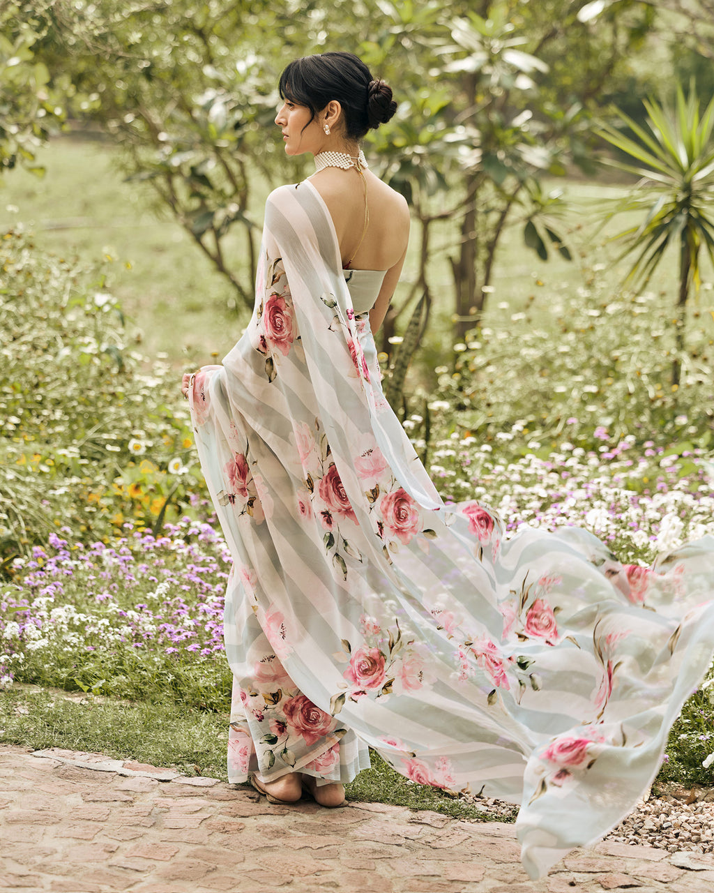 Green and White Printed Chiffon Saree