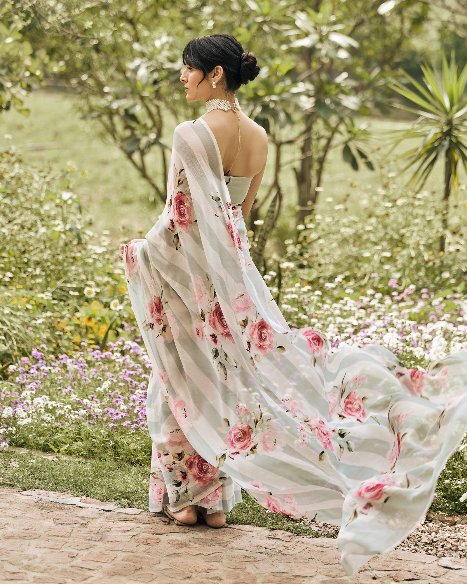 Green and White Printed Chiffon Saree