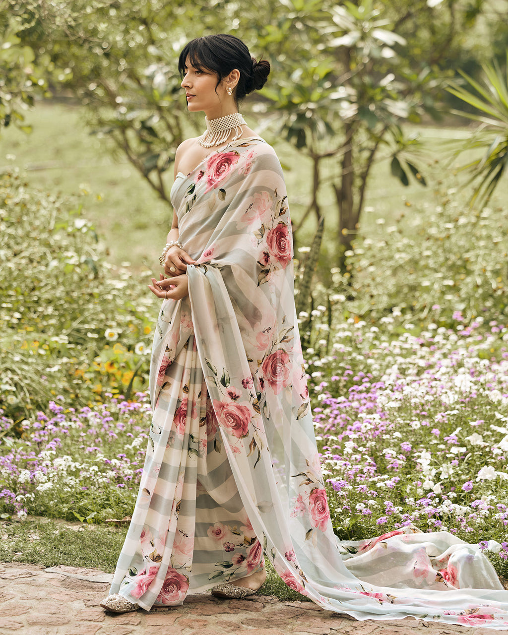 Green and White Printed Chiffon Saree