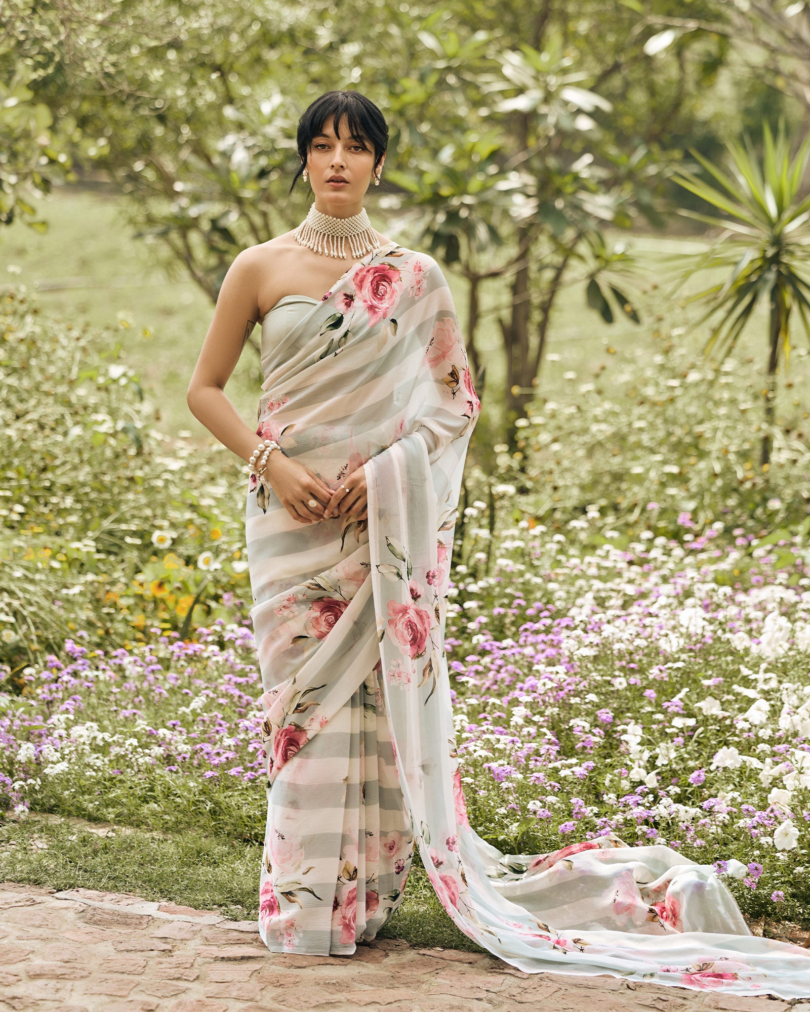 Green and White Printed Chiffon Saree