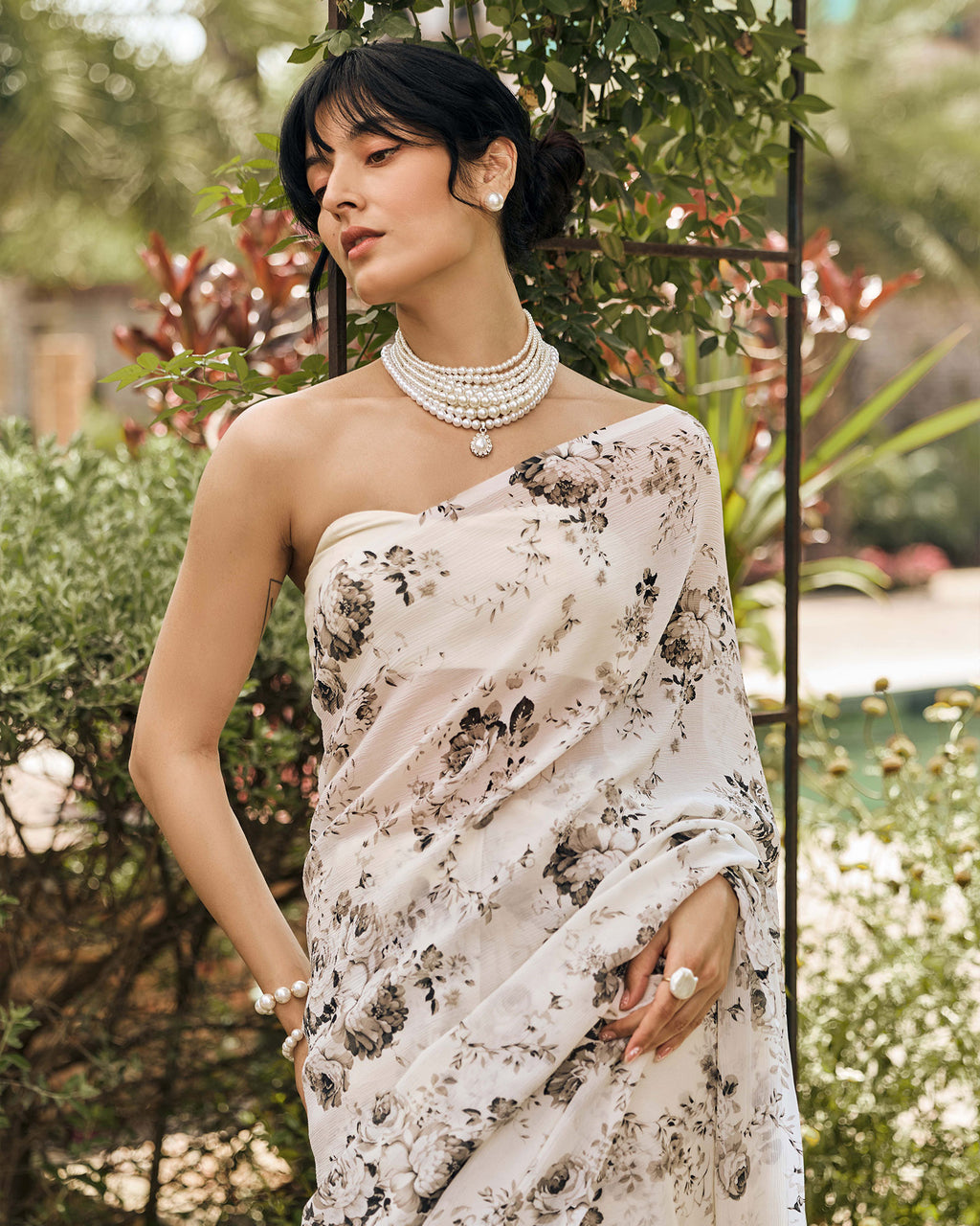 White and Black Printed Chiffon Saree