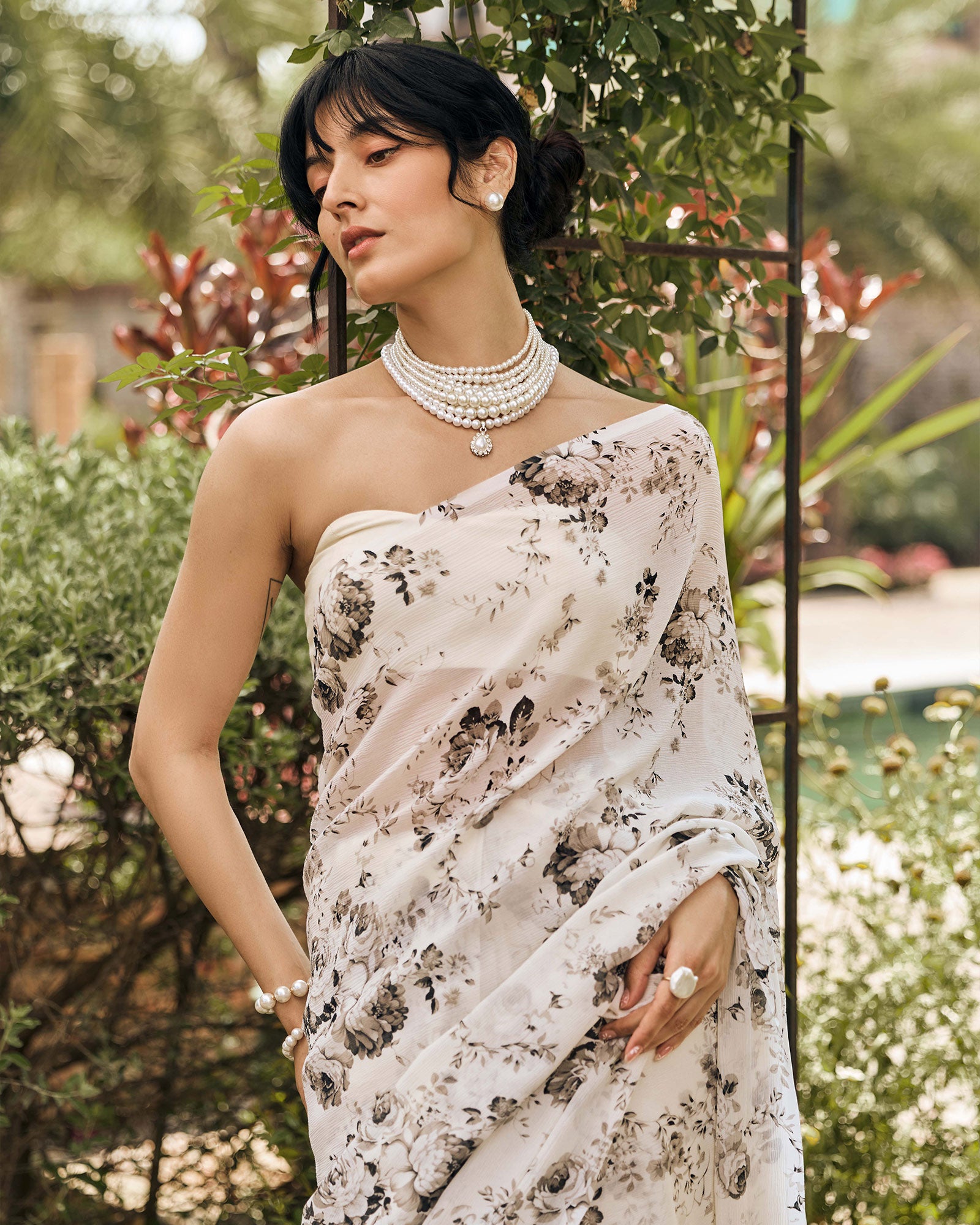 White and Black Printed Chiffon Saree