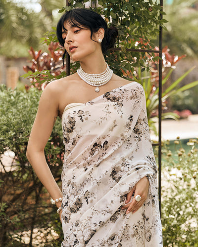 White and Black Printed Chiffon Saree