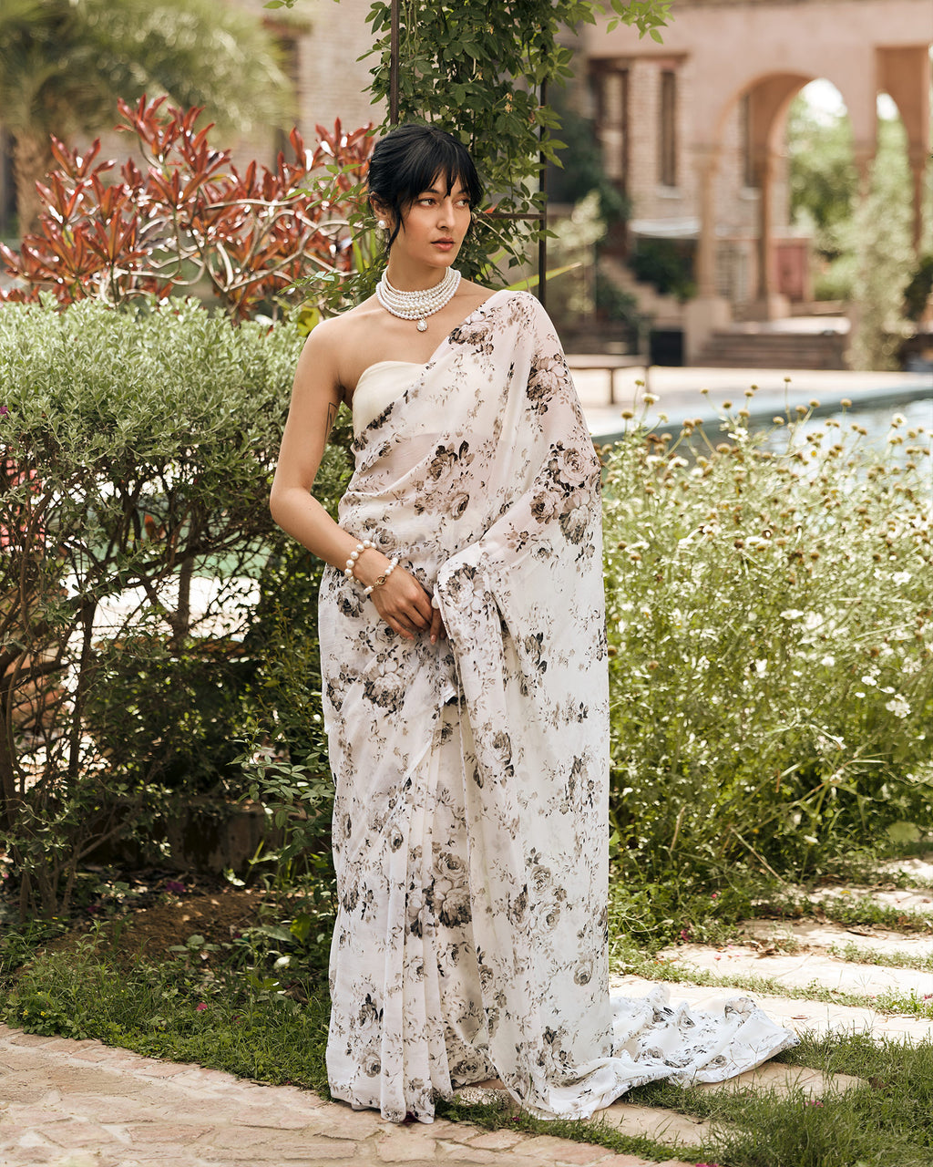 White and Black Printed Chiffon Saree