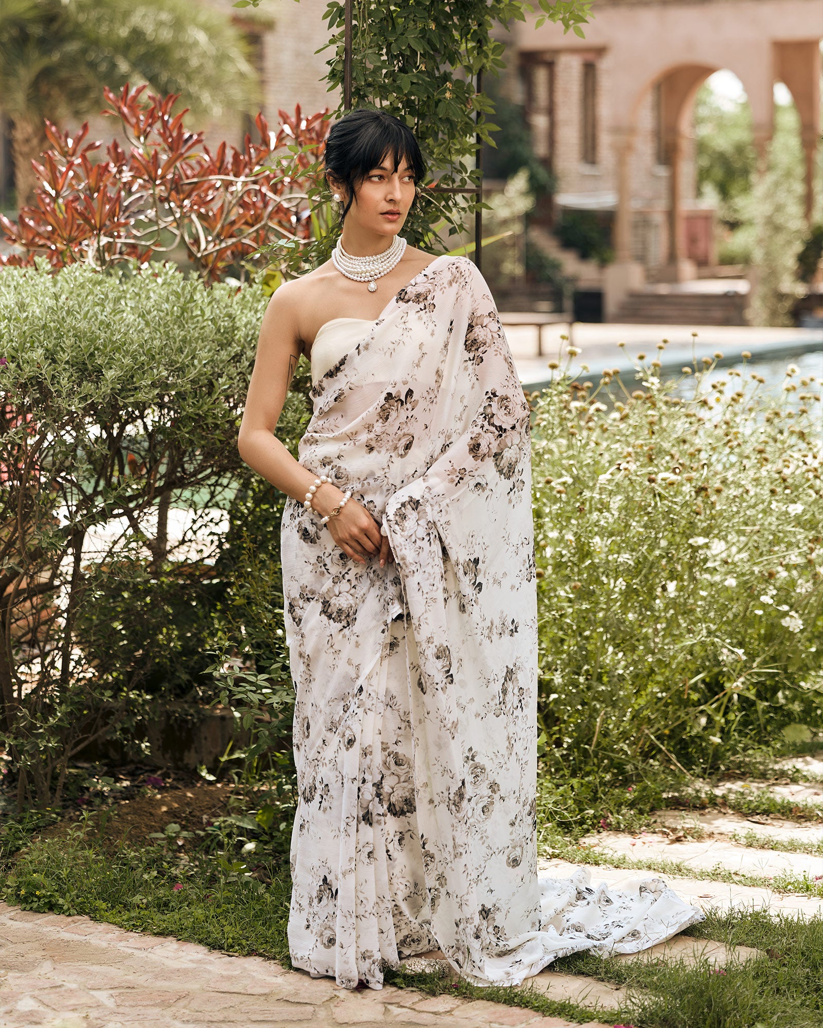 White and Black Printed Chiffon Saree