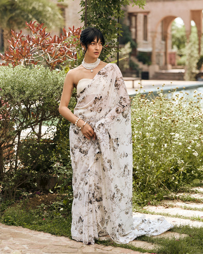 White and Black Printed Chiffon Saree