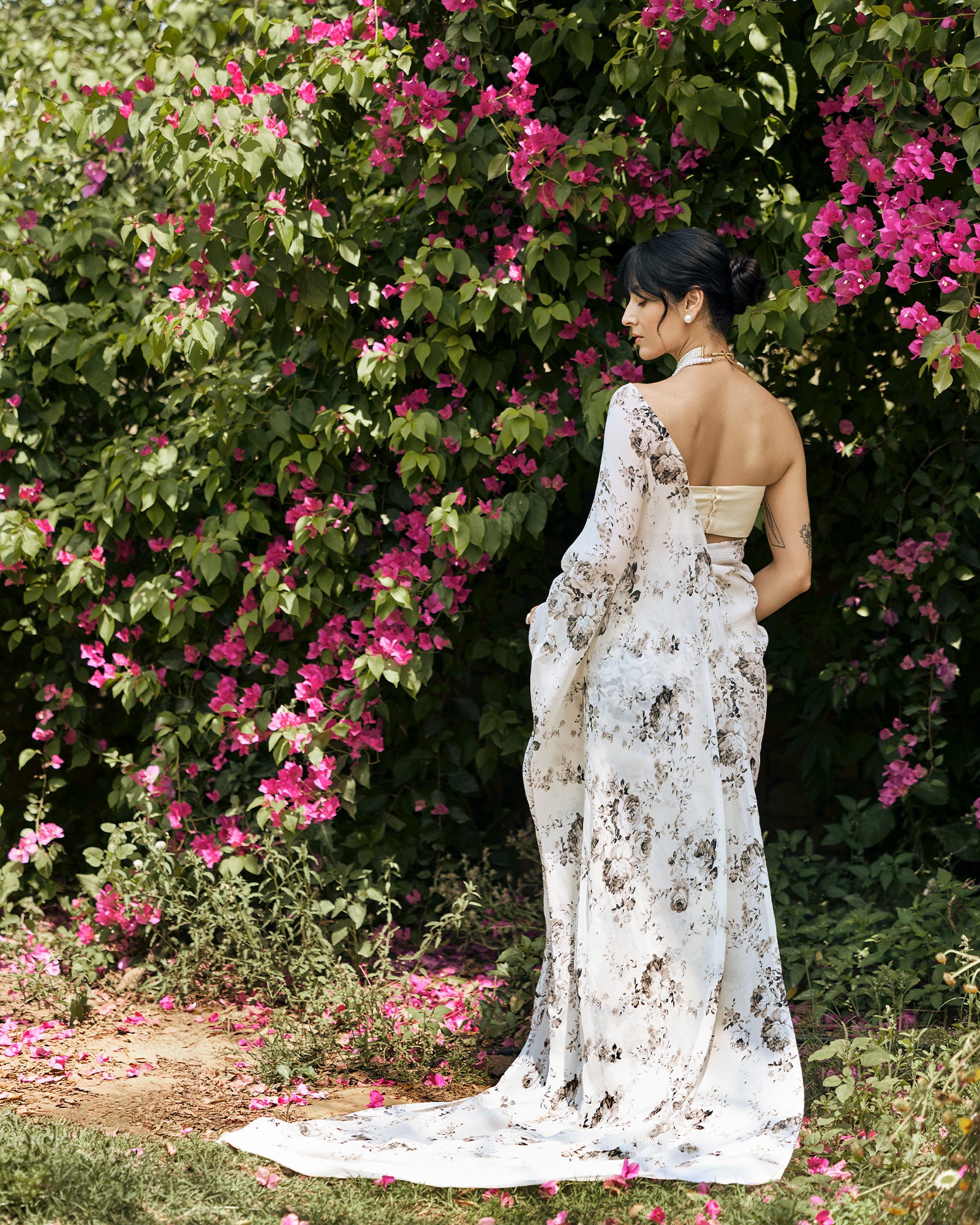 White and Black Printed Chiffon Saree