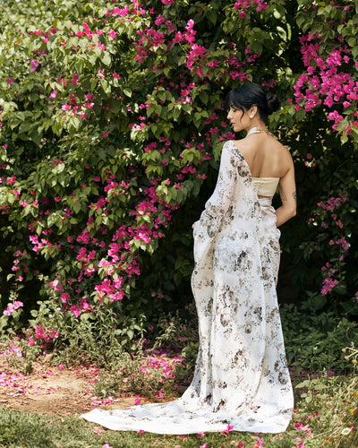 White and Black Printed Chiffon Saree
