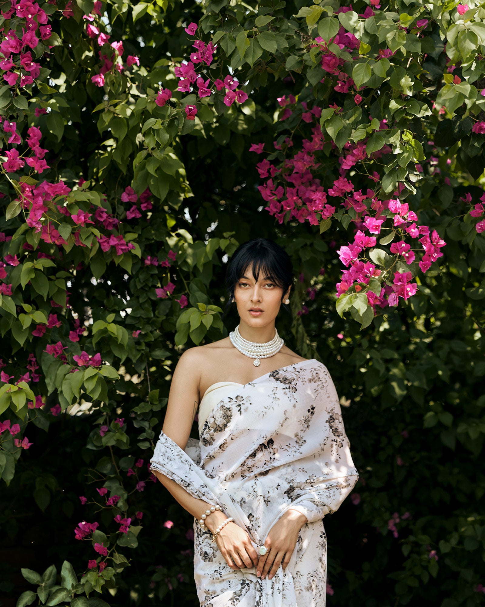 White and Black Printed Chiffon Saree