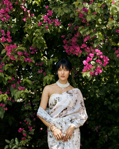 White and Black Printed Chiffon Saree