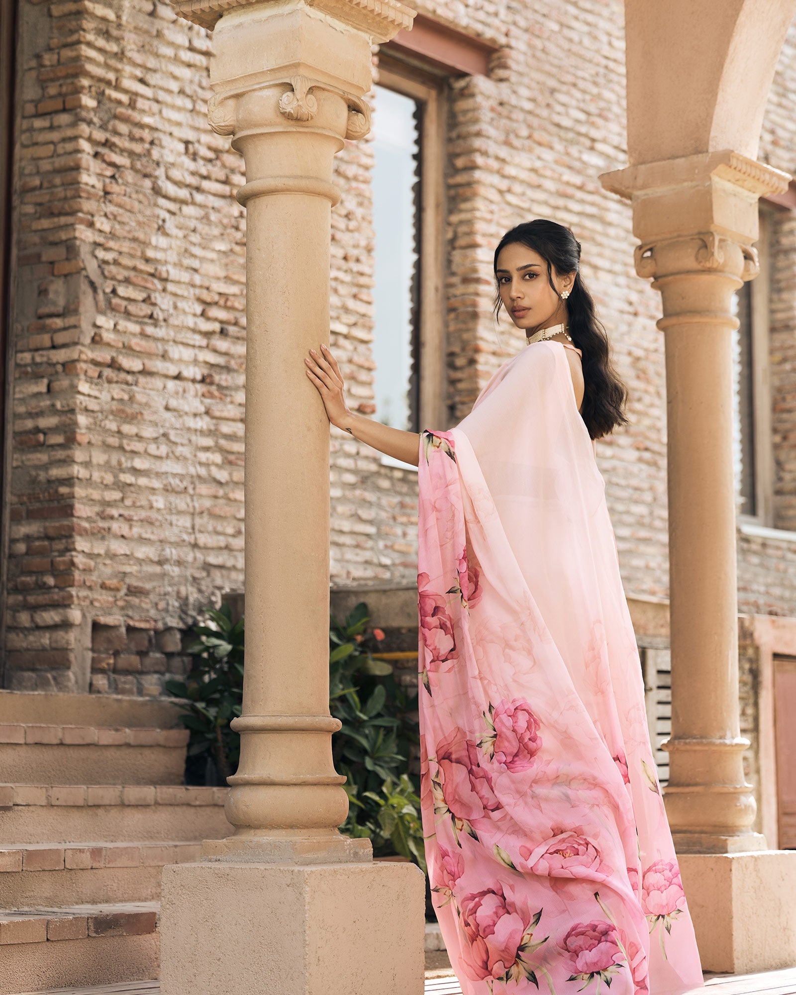 Pink Printed Chiffon Saree