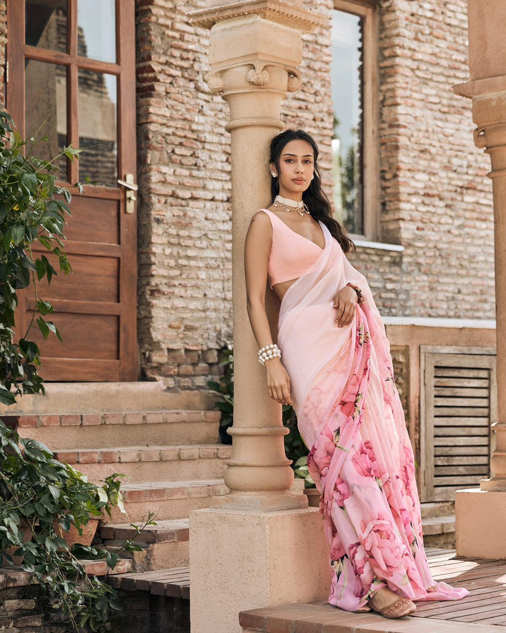 Pink Printed Chiffon Saree