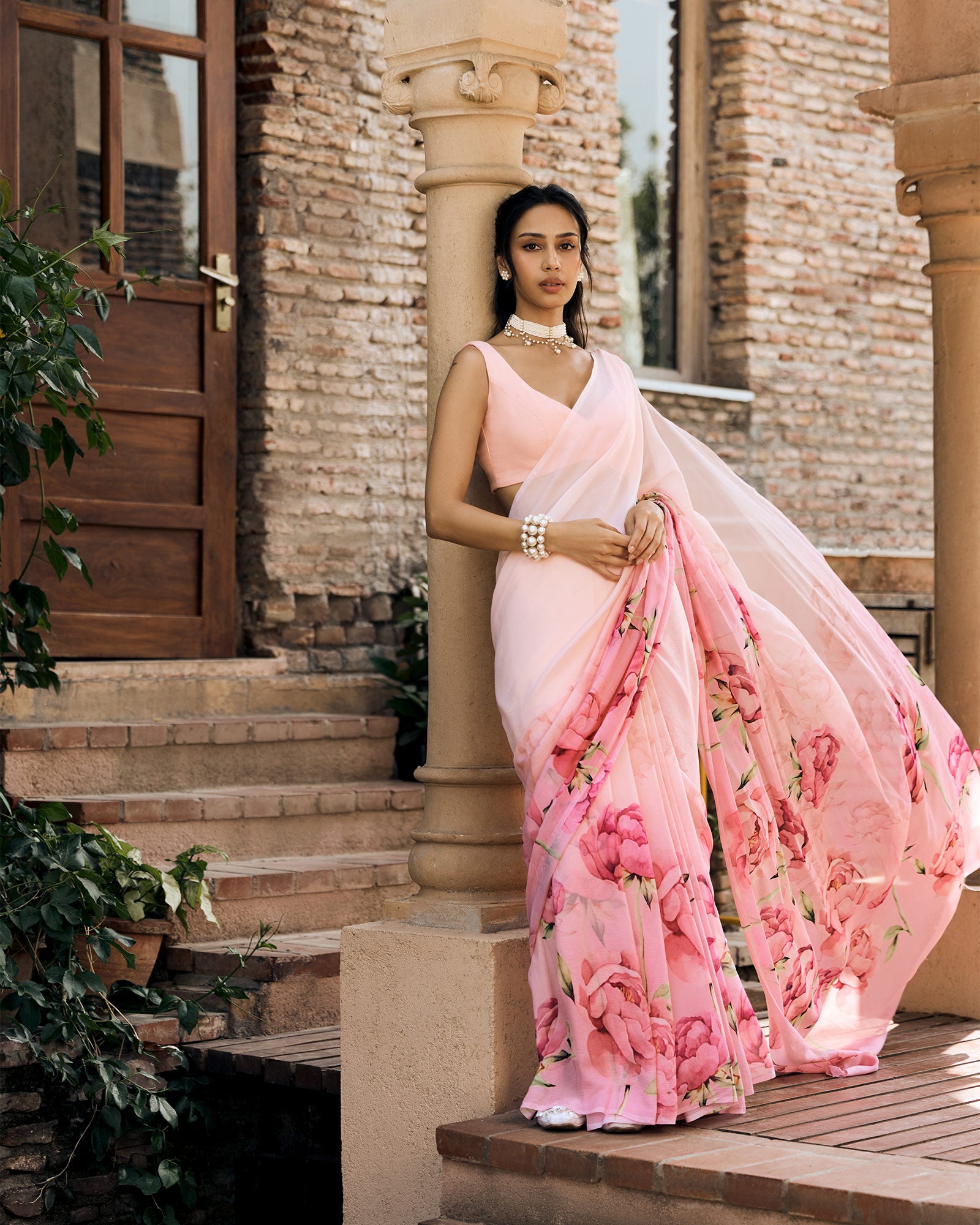 Pink Printed Chiffon Saree