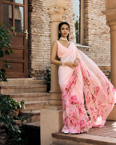 Pink Printed Chiffon Saree