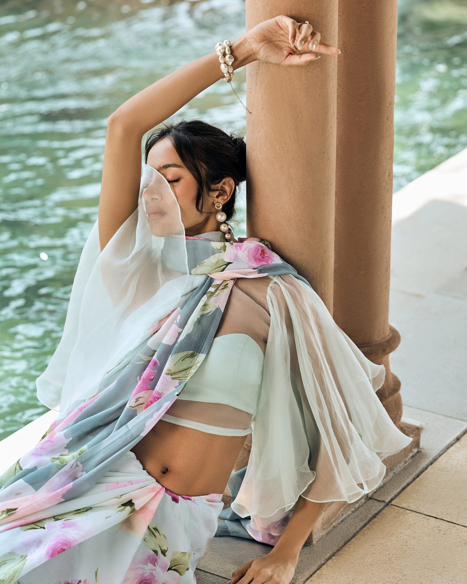 Green and Teal Printed Chiffon Saree