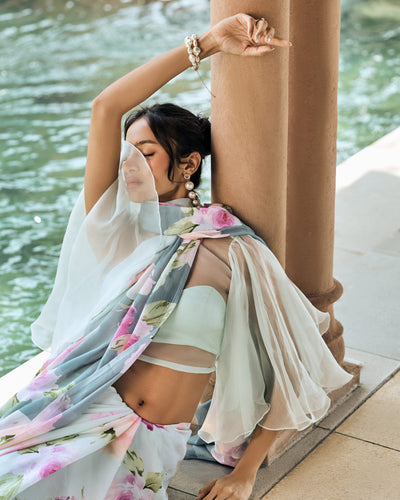 Green and Teal Printed Chiffon Saree