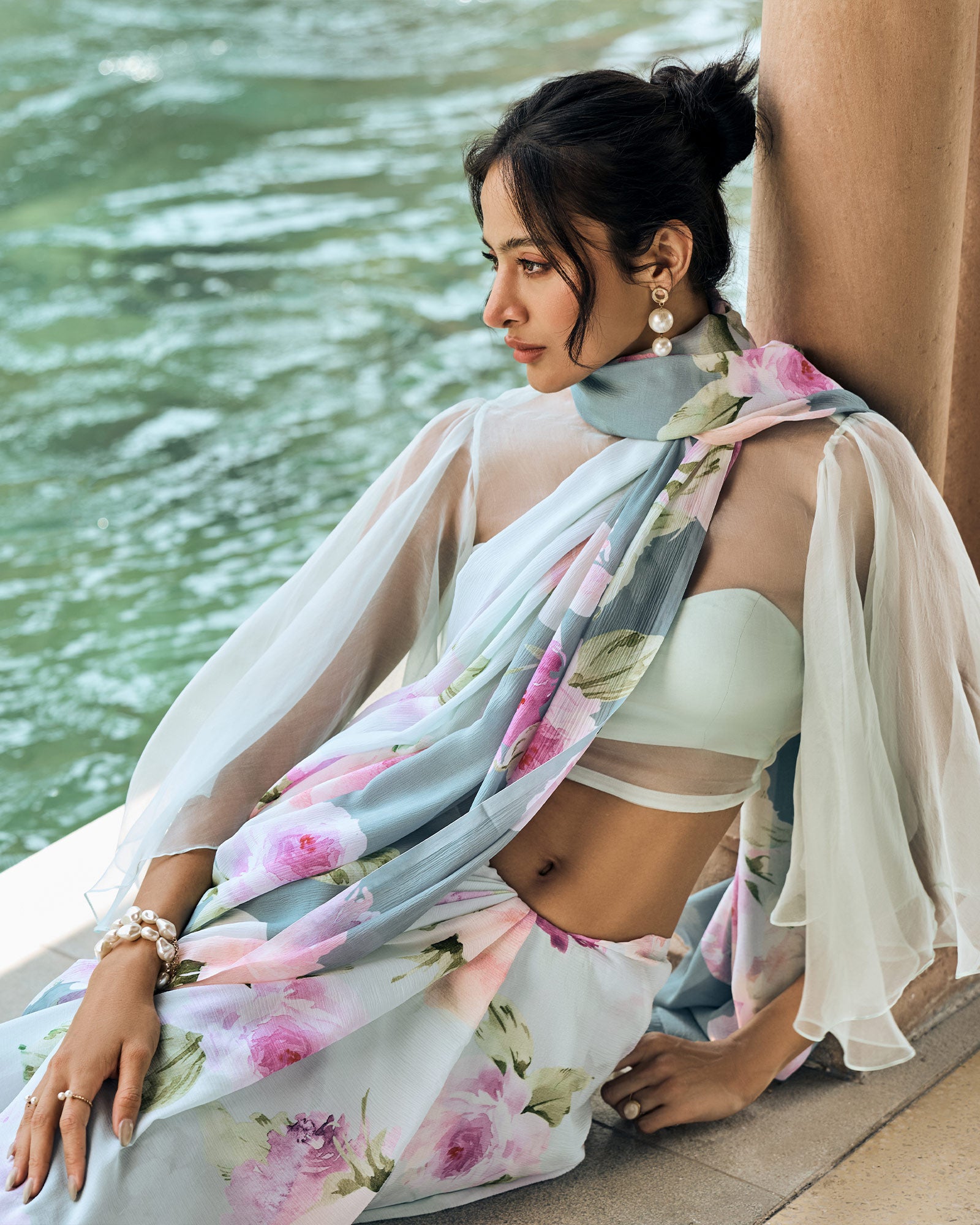 Green and Teal Printed Chiffon Saree