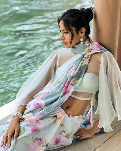 Green and Teal Printed Chiffon Saree