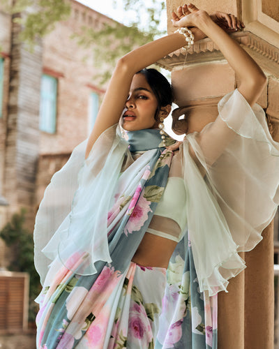 Green and Teal Printed Chiffon Saree