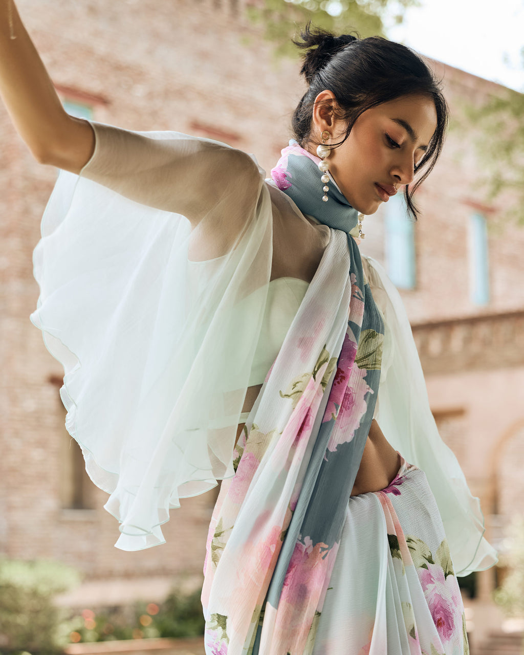 Green and Teal Printed Chiffon Saree