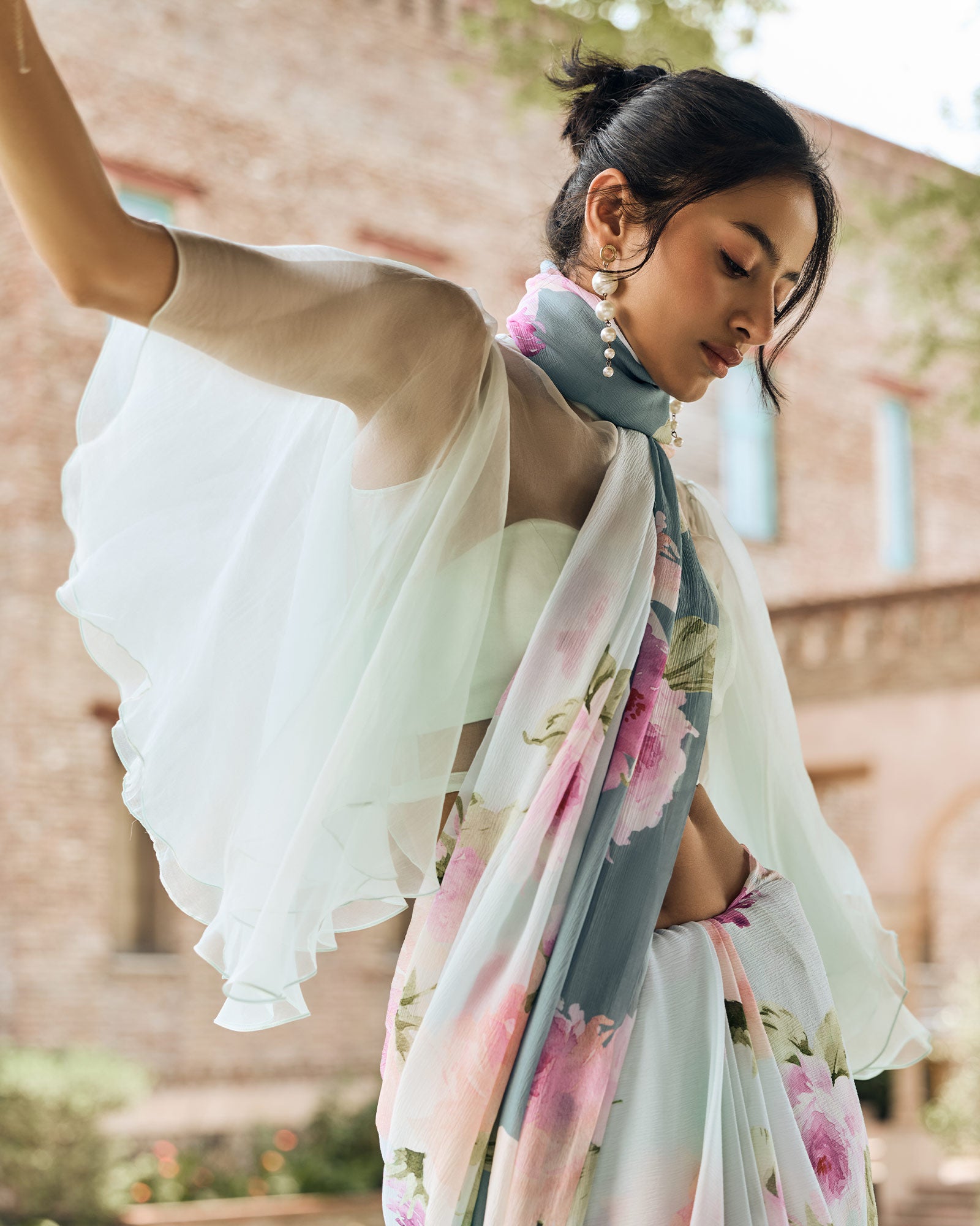 Green and Teal Printed Chiffon Saree